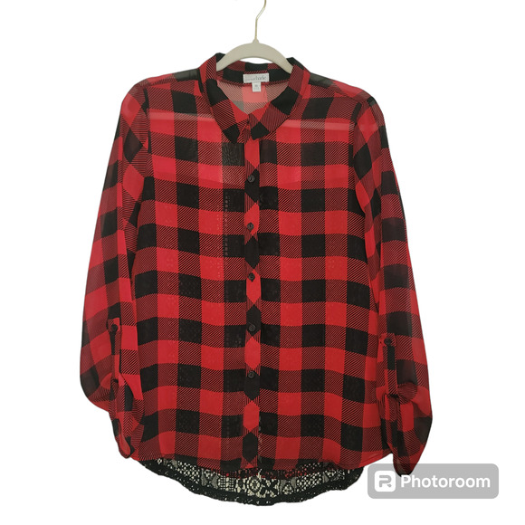 Charming Charlie Buffalo Plaid Sheer Lace Button Front Blouse Women's Size M - Picture 1 of 6